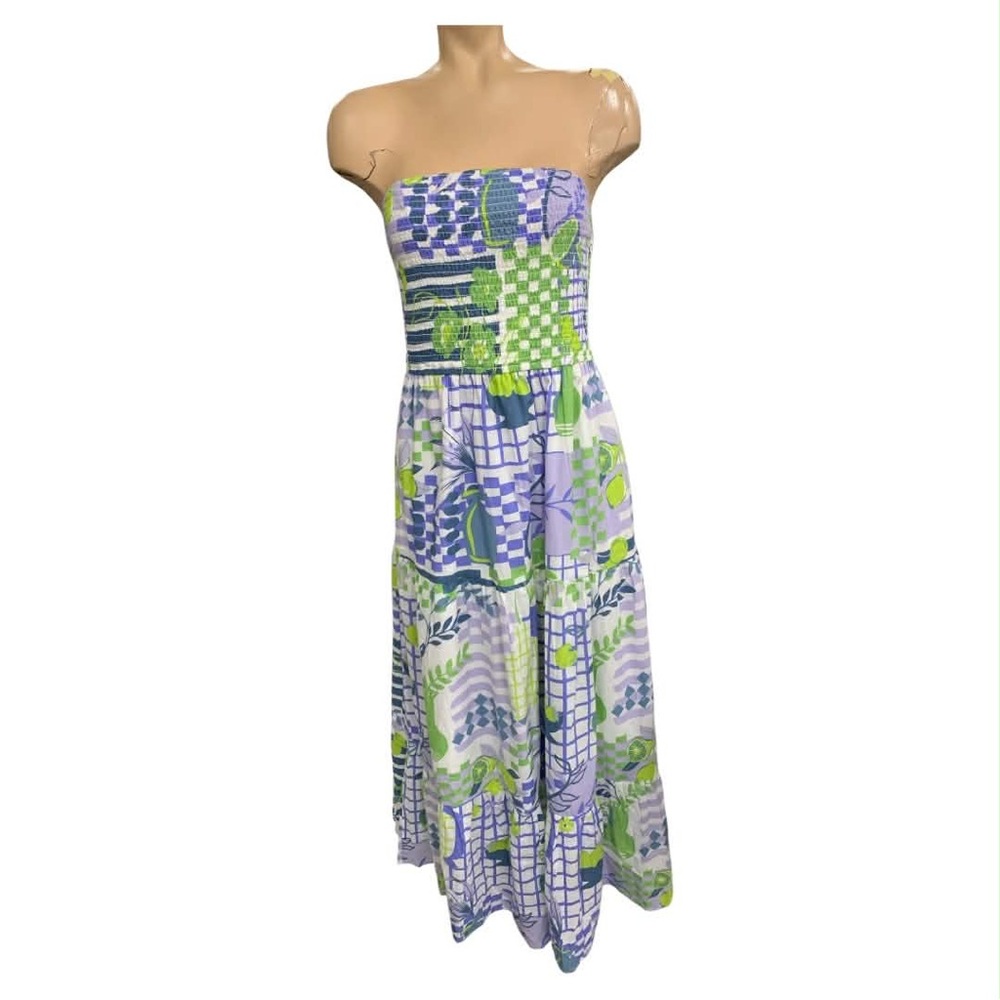 Japna Strapless Dress with Blue and Green Geometric Design Size L
